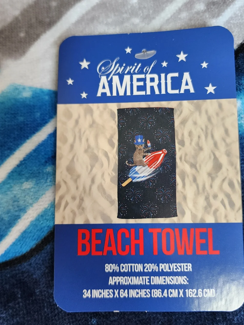Patriotic Cat Rocket Beach Towel - Blue Red White